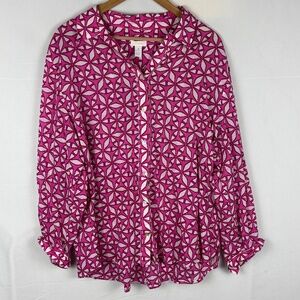 Chico's Women LongSleeve Button Shirt XXL Pink Cotton Lightweight Barbiecore